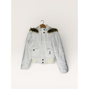 Y2K Dollhouse White Quilted Jacket with Faux Fur Hood Trim - Size M